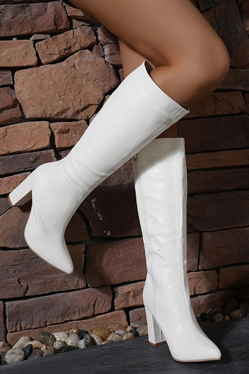 Bottes blanches à talons larges à bout pointu et à talons épais